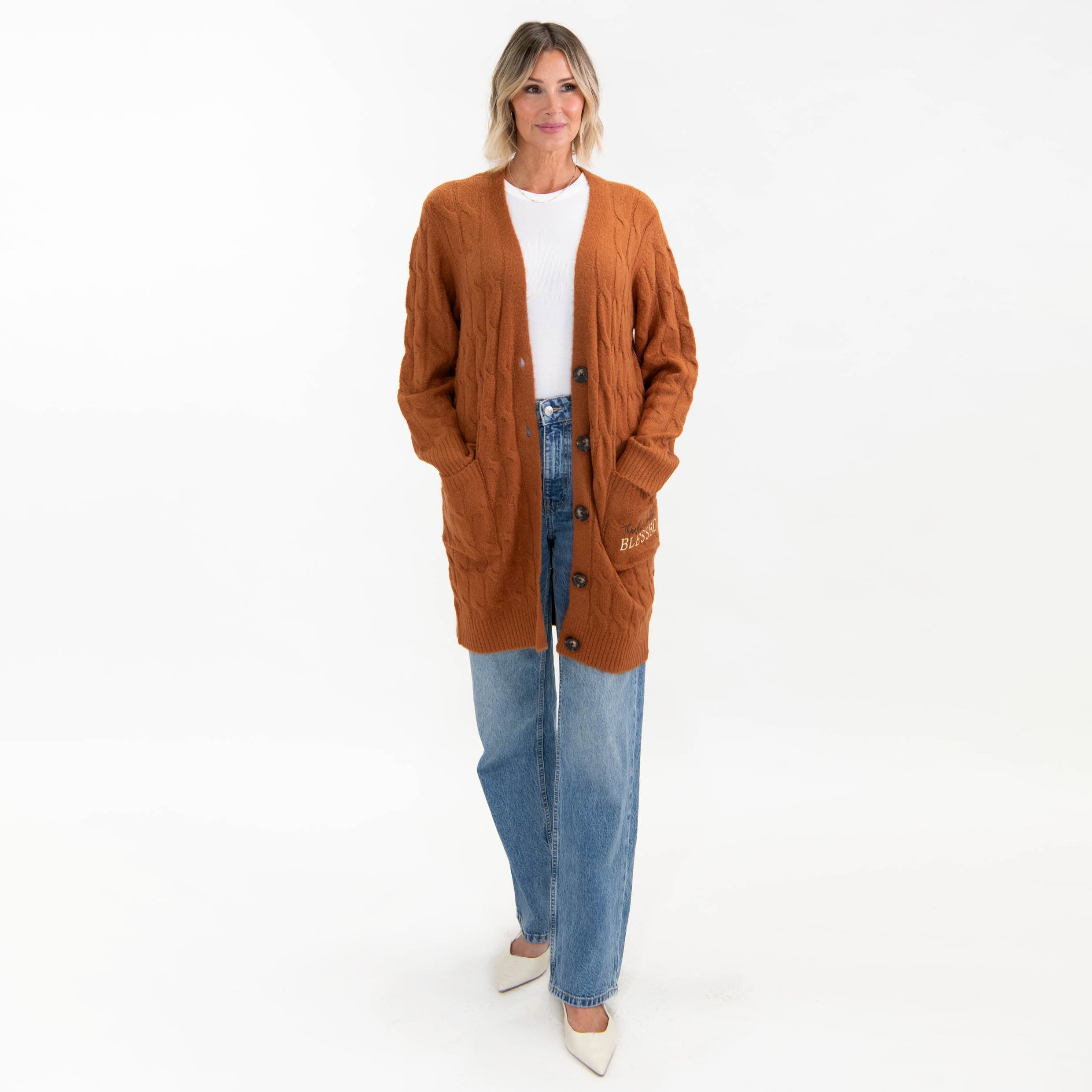 Thankful Grateful Blessed Cable Knit Cardigan - Image 3