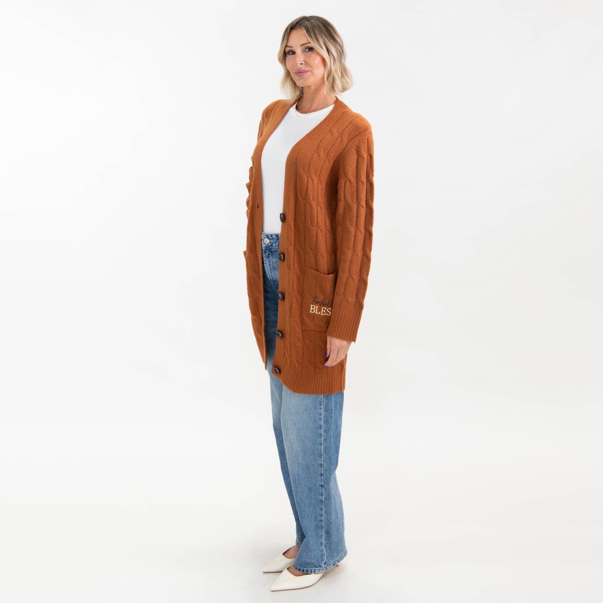 Thankful Grateful Blessed Cable Knit Cardigan - Image 7
