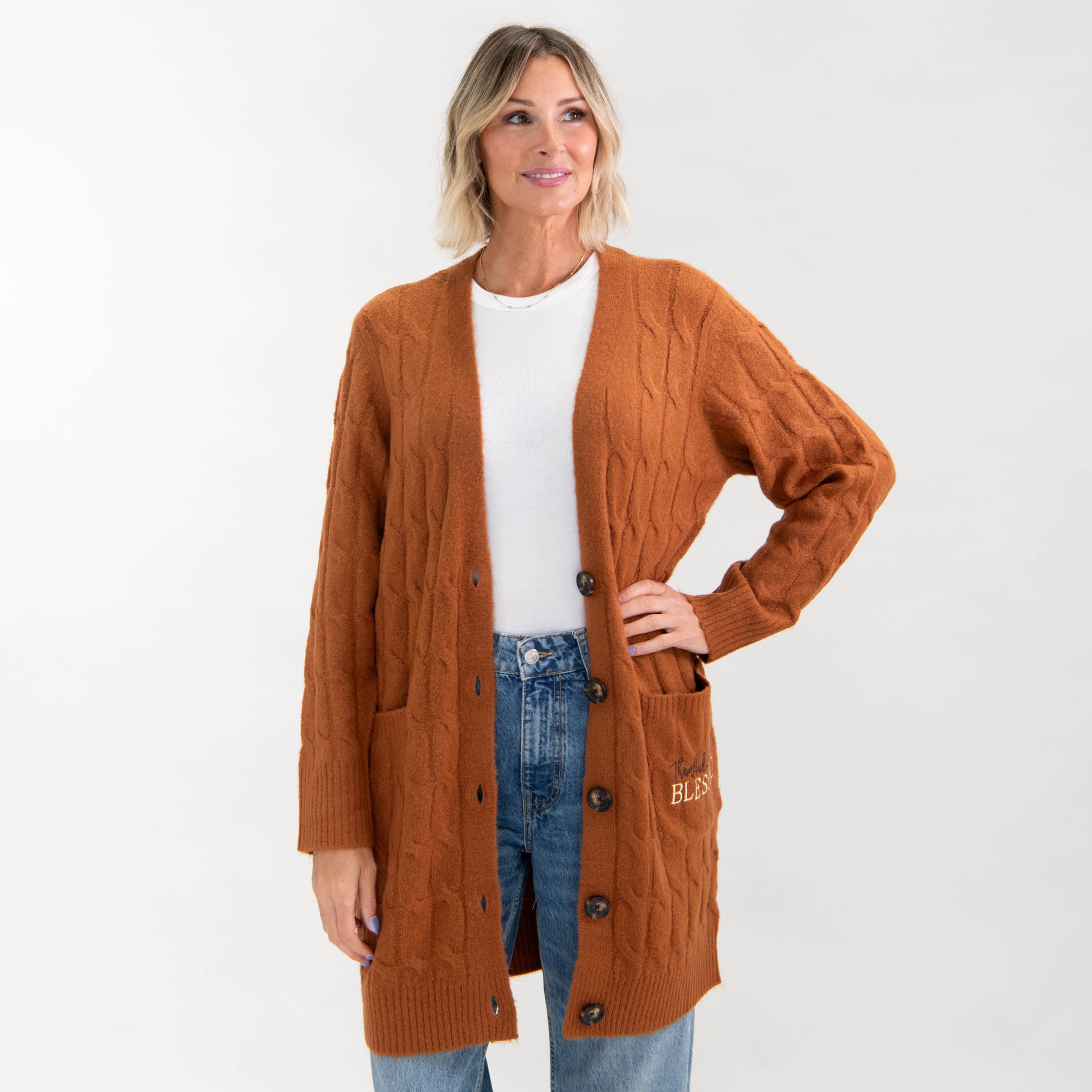 Thankful Grateful Blessed Cable Knit Cardigan